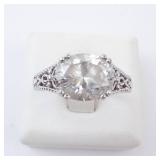 CZ Sterling Silver Ring Size 8 - Oval Center Stone, Vintage Filigree Band