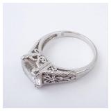CZ Sterling Silver Ring Size 8 - Oval Center Stone, Vintage Filigree Band