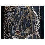 Assorted Jewelry Collection - Gold-Tone Chains, Blue Cabochon Necklace, Pearl Necklace