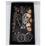 Costume Jewelry Set - Silver Tone Bangles, Pearl Necklaces, Gold Tone Leaf Earrings
