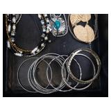 Costume Jewelry Set - Silver Tone Bangles, Pearl Necklaces, Gold Tone Leaf Earrings