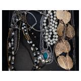 Costume Jewelry Set - Silver Tone Bangles, Pearl Necklaces, Gold Tone Leaf Earrings