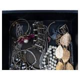 Costume Jewelry Set - Silver Tone Bangles, Pearl Necklaces, Gold Tone Leaf Earrings