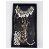 Costume Jewelry Necklaces Mix - Pearl Bead Strand, White Leaf Bib & Gold Chains