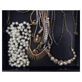 Costume Jewelry Necklaces Mix - Pearl Bead Strand, White Leaf Bib & Gold Chains