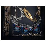Assorted Jewelry - Blue Bead Necklaces, Silver & Gold Chains