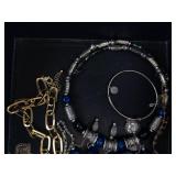 Assorted Jewelry - Blue Bead Necklaces, Silver & Gold Chains