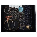 Costume Jewelry Tray - White Bead Necklace, Turquoise Pendant, Bangles