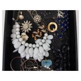 Costume Jewelry Tray - White Bead Necklace, Turquoise Pendant, Bangles