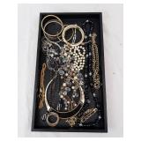 Assorted Gold-Tone Jewelry Tray - Bangles, Pearl Necklaces & Beads