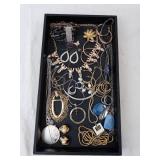 Costume Jewelry Lot - Gold & Silver Chains, Crystals, Pearl Accents, Blue Stone Pendants