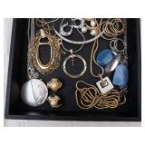 Costume Jewelry Lot - Gold & Silver Chains, Crystals, Pearl Accents, Blue Stone Pendants