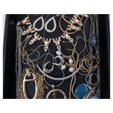 Costume Jewelry Lot - Gold & Silver Chains, Crystals, Pearl Accents, Blue Stone Pendants