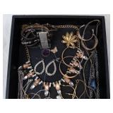 Costume Jewelry Lot - Gold & Silver Chains, Crystals, Pearl Accents, Blue Stone Pendants