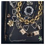 Assorted Costume Jewelry: Gold-Tone Chains, Silver Rings, Earrings & Pins