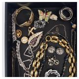 Assorted Costume Jewelry: Gold-Tone Chains, Silver Rings, Earrings & Pins