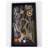 Assorted Costume Jewelry - Gold Tone Chains, Cameos, Pins & Charms