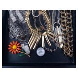 Assorted Costume Jewelry - Gold Tone Chains, Cameos, Pins & Charms