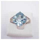 Blue Topaz & CZ Ring - Silver Tone, Size 7