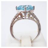 Blue Topaz & CZ Ring - Silver Tone, Size 7