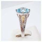 Blue Topaz & CZ Ring - Silver Tone, Size 7