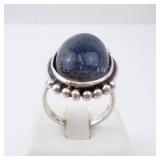 Sterling Silver Ring with Blue Resin? Cabochon Bezel and Beaded Edge. Size 7.