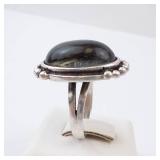 Sterling Silver Ring with Blue Resin? Cabochon Bezel and Beaded Edge. Size 7.