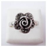 Marcasite Sterling Silver Rose Ring - Vintage Floral Band
