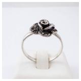 Marcasite Sterling Silver Rose Ring - Vintage Floral Band