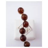 Amber Sterling Silver Ring - Cognac Amber Beads. Size 8.5.