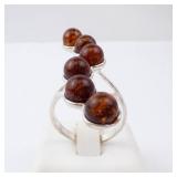 Amber Sterling Silver Ring - Cognac Amber Beads. Size 8.5.