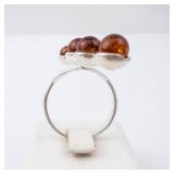 Amber Sterling Silver Ring - Cognac Amber Beads. Size 8.5.