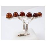 Amber Sterling Silver Ring - Cognac Amber Beads. Size 8.5.