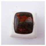 Agate Sterling Silver Ring - Brown Cabochon with Red-Orange Matrix. Size 9.