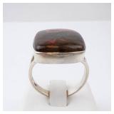 Agate Sterling Silver Ring - Brown Cabochon with Red-Orange Matrix. Size 9.