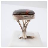 Agate Sterling Silver Ring - Brown Cabochon with Red-Orange Matrix. Size 9.