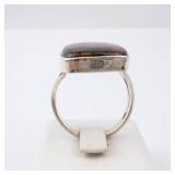 Agate Sterling Silver Ring - Brown Cabochon with Red-Orange Matrix. Size 9.