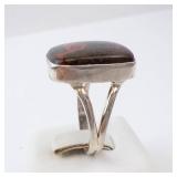 Agate Sterling Silver Ring - Brown Cabochon with Red-Orange Matrix. Size 9.