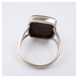 Agate Sterling Silver Ring - Brown Cabochon with Red-Orange Matrix. Size 9.