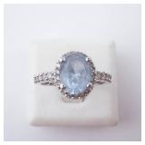 Aquamarine Halo Ring in Sterling Silver - Size 8 with CZ Accents