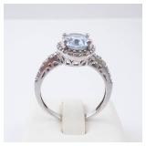Aquamarine Halo Ring in Sterling Silver - Size 8 with CZ Accents