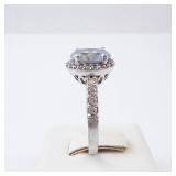 Aquamarine Halo Ring in Sterling Silver - Size 8 with CZ Accents