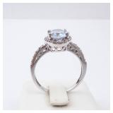 Aquamarine Halo Ring in Sterling Silver - Size 8 with CZ Accents