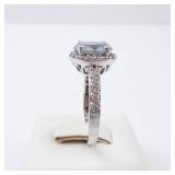 Aquamarine Halo Ring in Sterling Silver - Size 8 with CZ Accents