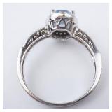Aquamarine Halo Ring in Sterling Silver - Size 8 with CZ Accents