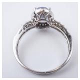 Aquamarine Halo Ring in Sterling Silver - Size 8 with CZ Accents