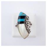 Native Ring - Turquoise, Mother of Pearl & Onyx Inlay, Size 6