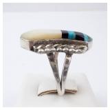 Native Ring - Turquoise, Mother of Pearl & Onyx Inlay, Size 6