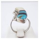 Native Ring - Turquoise, Mother of Pearl & Onyx Inlay, Size 6