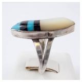Native Ring - Turquoise, Mother of Pearl & Onyx Inlay, Size 6
